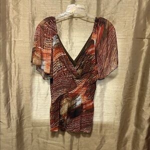 cha cha vente Rust and Brown V-Neck Flutter Sleeve Blouse